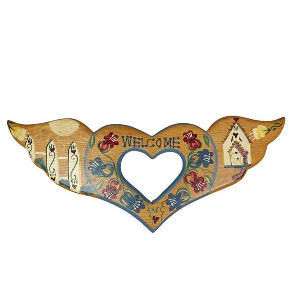 Vintage Hand-Painted Wooden Heart Shaped Welcome Wall Sign Floral Birdhouse - Picture 1 of 7